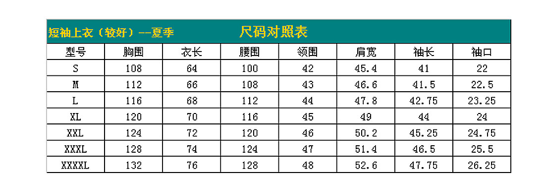 短袖工作服AE217-DX尺寸图